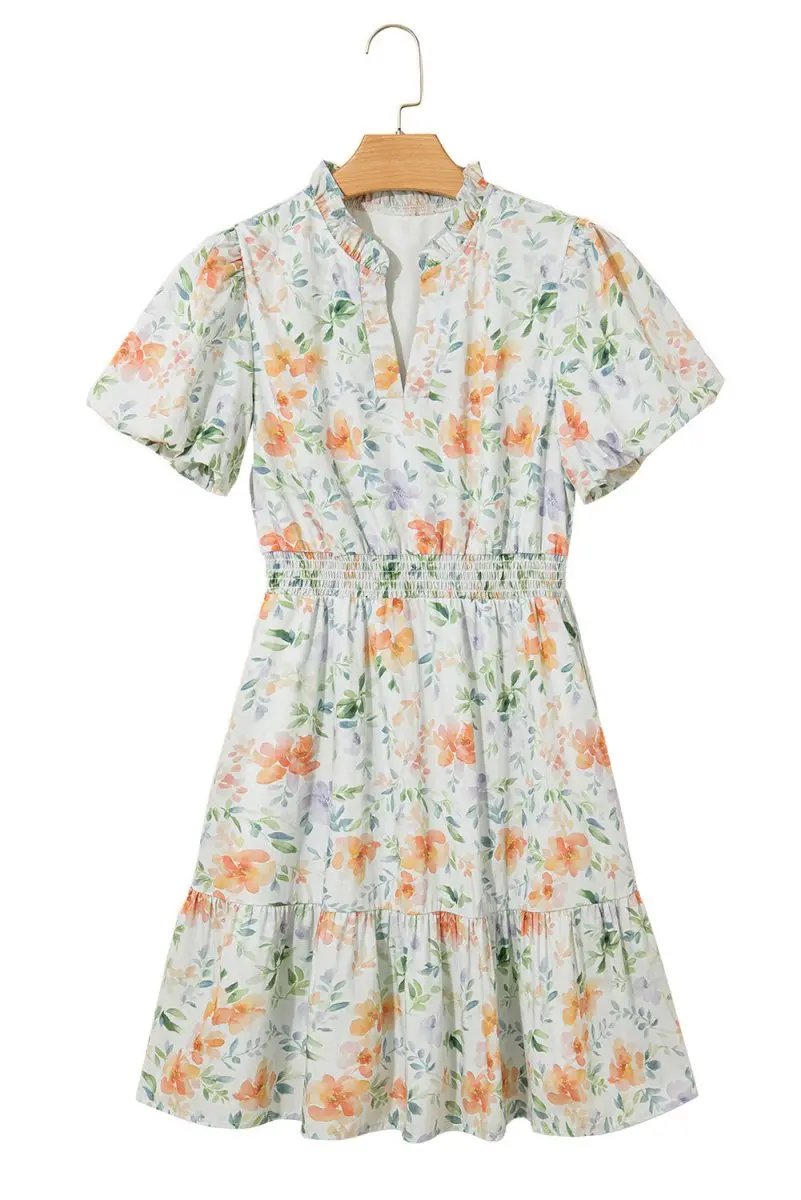 Beige Floral Print Shirred High Waist Puff Sleeve Mini Dress - Love Salve